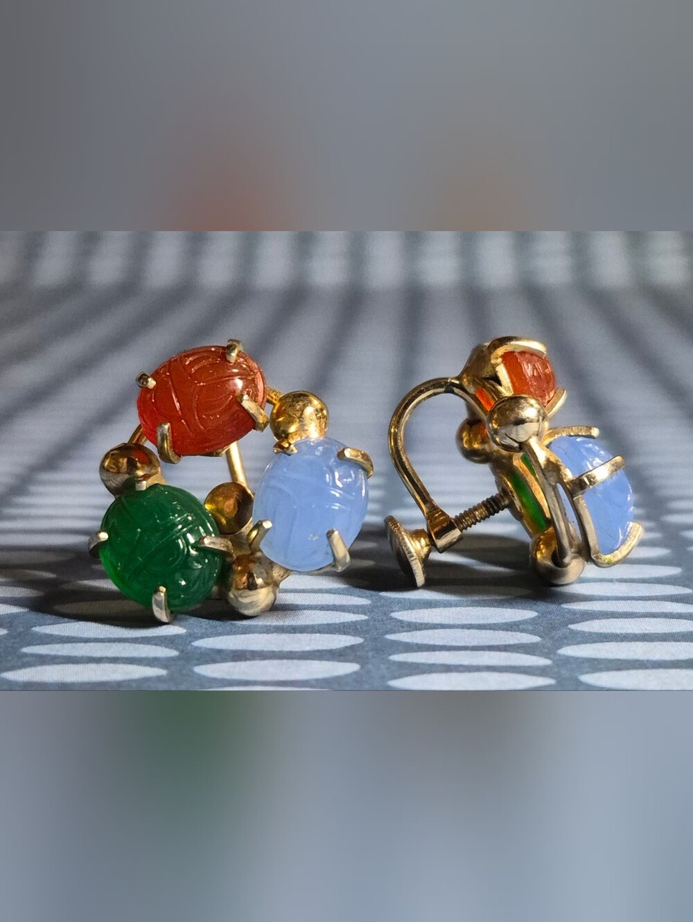 Gold-Tone Multicolor Scarab Clip-On Earrings - Blue, Green & Red